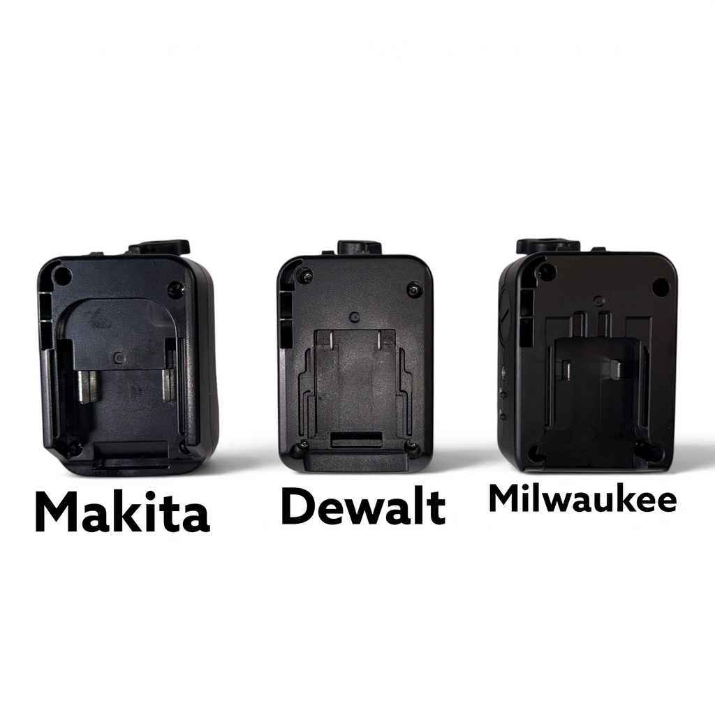 Anson PDR Elimadent BOB battery adapters for Milwaukee, Makita, and Dewalt power tools on a white background